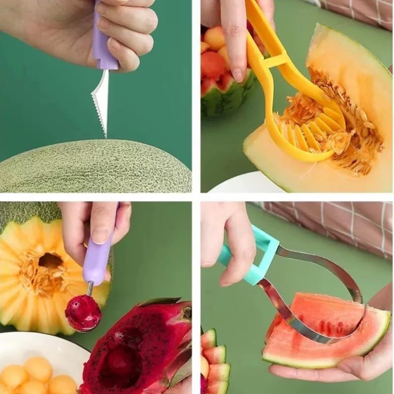 2-Piece Fruit Carving Tool Set Melon Baller Scoop Knife Stainless Steel(Yellow, blue and purple) — image 4