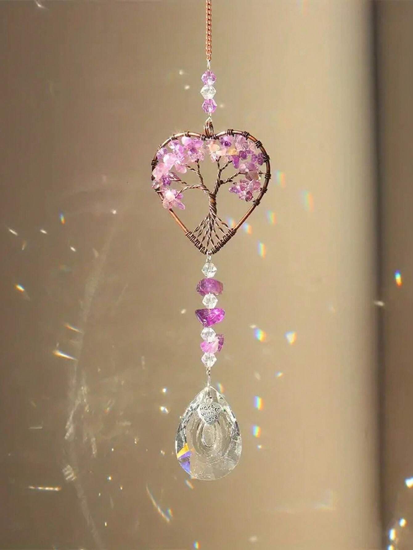 1PC Rainbow Sun Catcher Tree Of Life Heart Shaped Ornament Chakra Wheel Stone Window Ball Prism Hanging Garden Home Car Decoration Wall Decor C Ideal Valentine — image 4