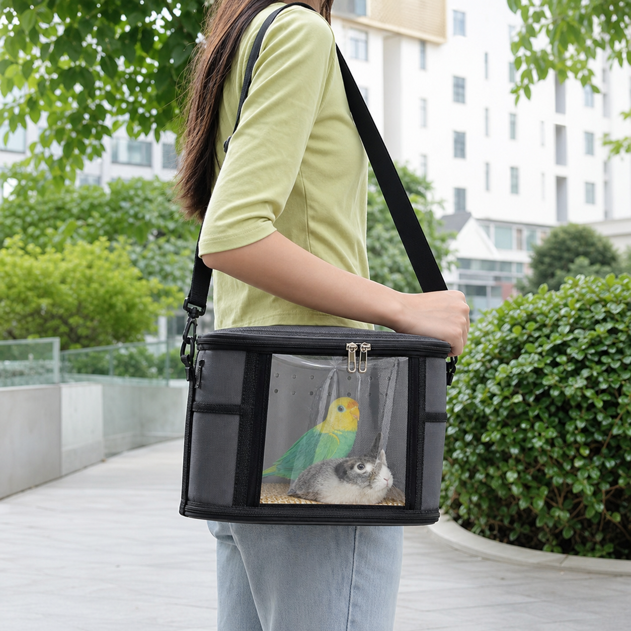Small Animal Travel Carrier Bag - Grey Small Nylon and Plastic Portable Pet Carrier with Shoulder Strap and Carry Handle for Parrots, Hamsters, Guinea Pigs and — image 4