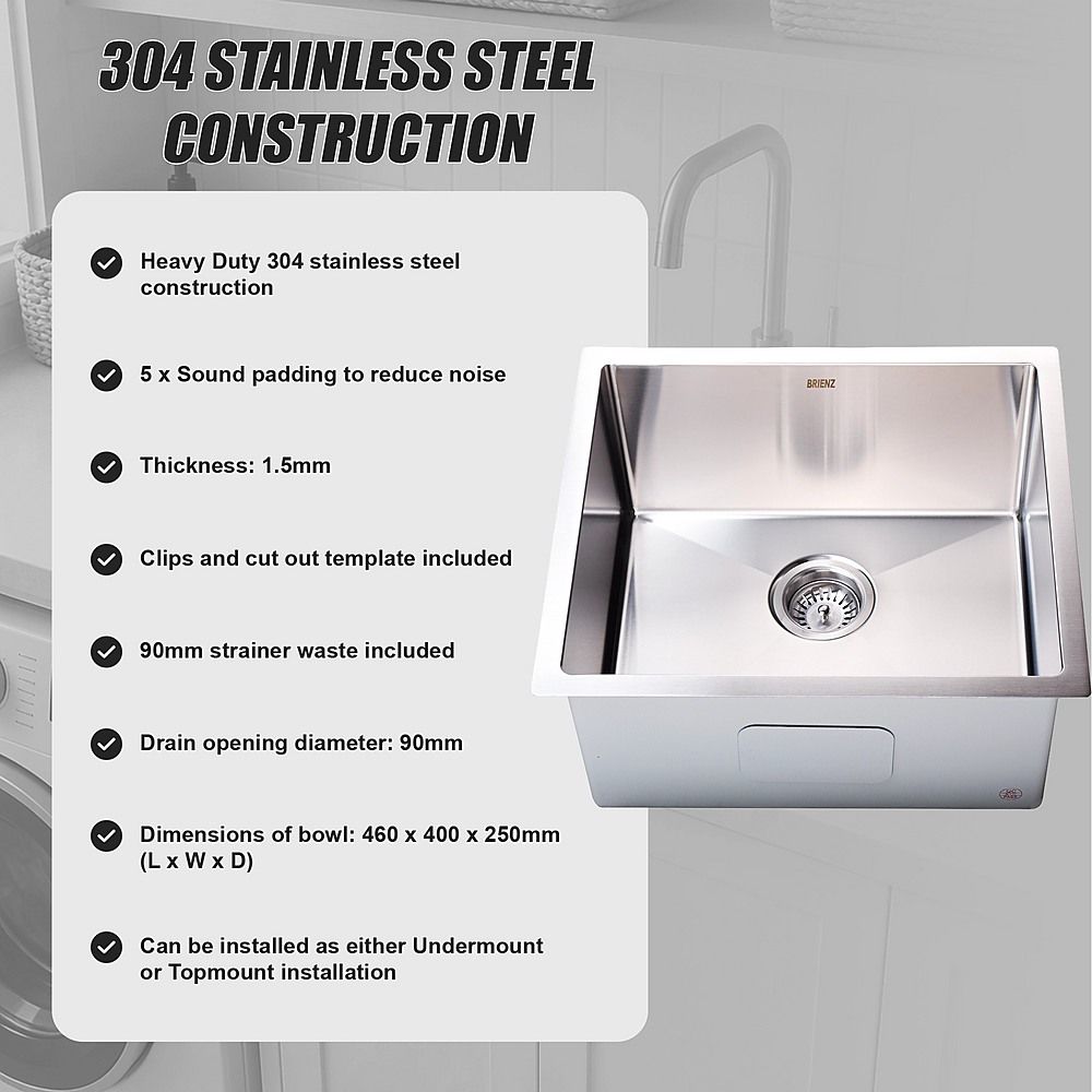 510 × 450mm Handmade 1.5mm 16 Gauge Stainless Steel Kitchen Laundry Sink with Waste — image 4