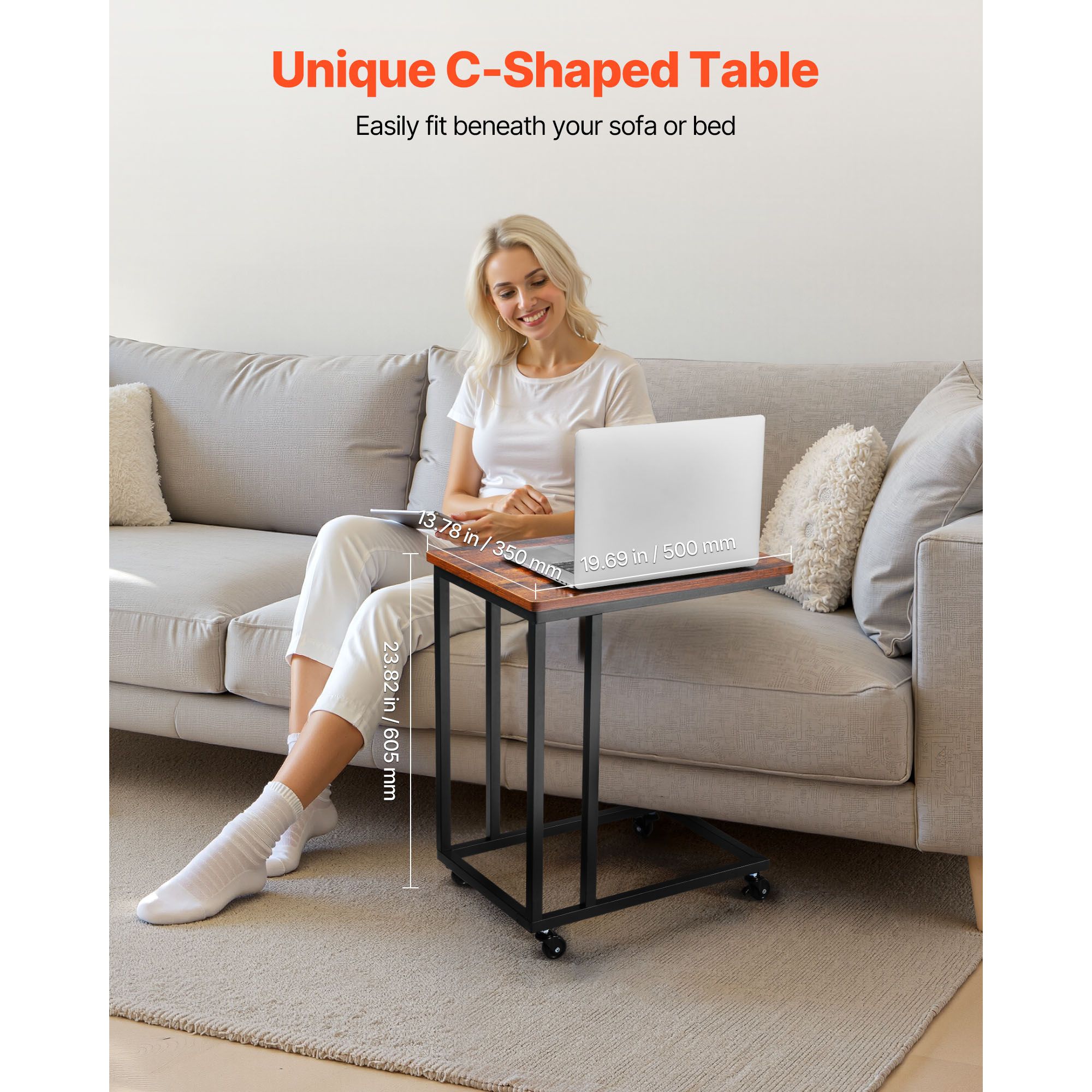 C Table, C Shaped Sofa Side Table with Metal Frame Rolling Casters, Portable C Shaped End Stand for Living Room Bedroom Office, 19.69 x 13.78 x 23.82 inches — image 2
