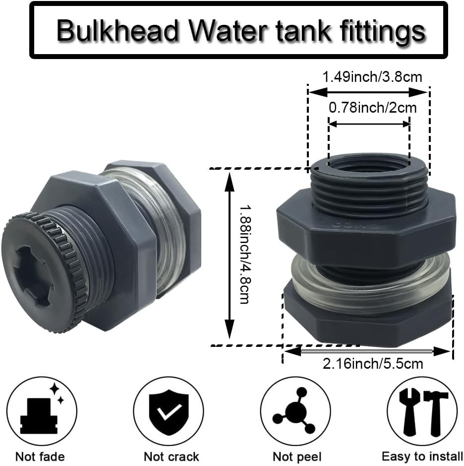 NPT 1/2” Female PVC Heavy-Duty Bulkhead Fitting with Plug, Silicon Seal Gasket Water Tank Connector for 1.5 Inch Hole Saw Rain Barrels, Aquariums 4Pcs — image 3