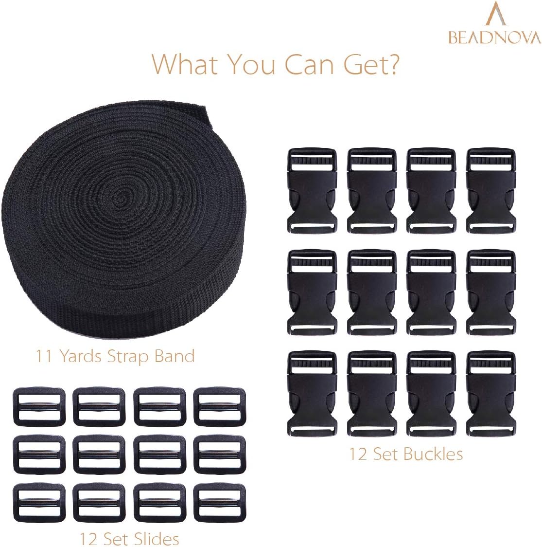 Plastic Buckle Kit Nylon Strap with Quick Release Buckle 12 Sets 1 Inch and Tri-Glide Slides with 11 Yards Nylon Strapping 1 Inch (Black) — image 3