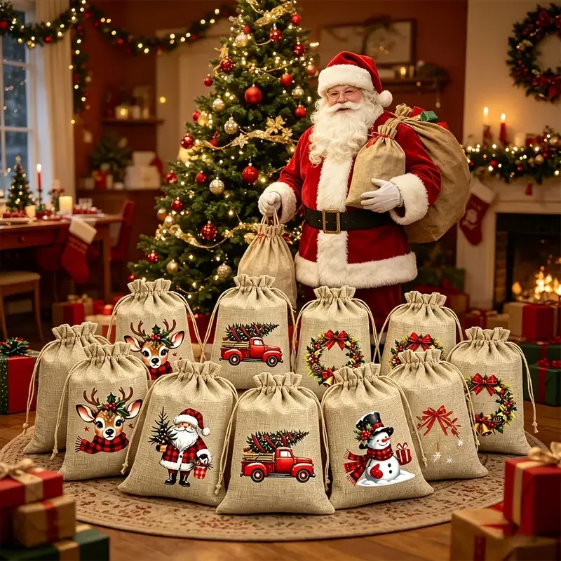 Christmas Jute Drawstring Gift Bags, Pack of 12, 5 Random Themes, Perfect for Gifts and Decorations — image 6