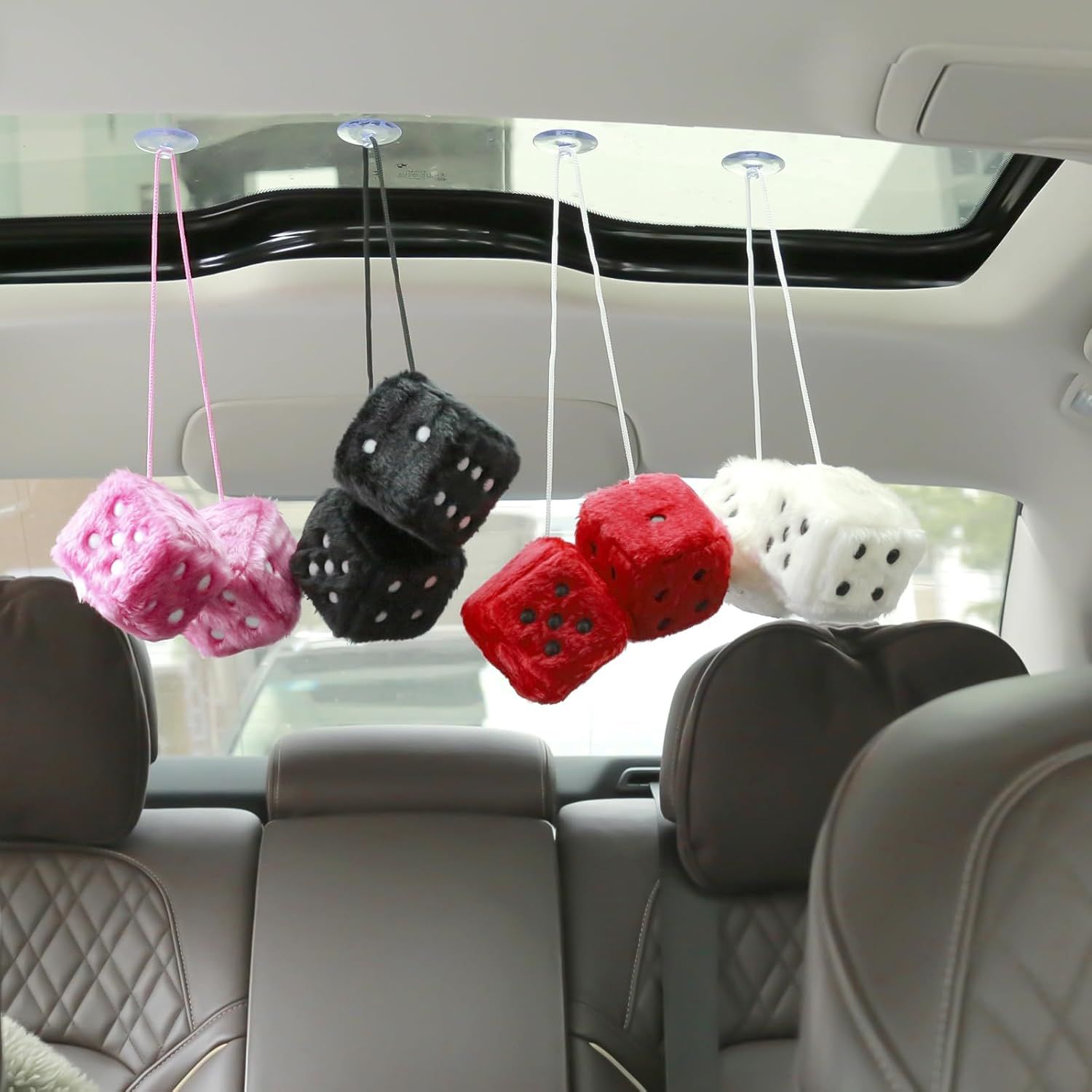 Compatible Pair of 2.75" Fuzzy Dice with Leather Dots Retro Car Rearview Mirror Hanging Accessories for Car Decoration (Pink)_qcx, Made of Fabric โ image 6