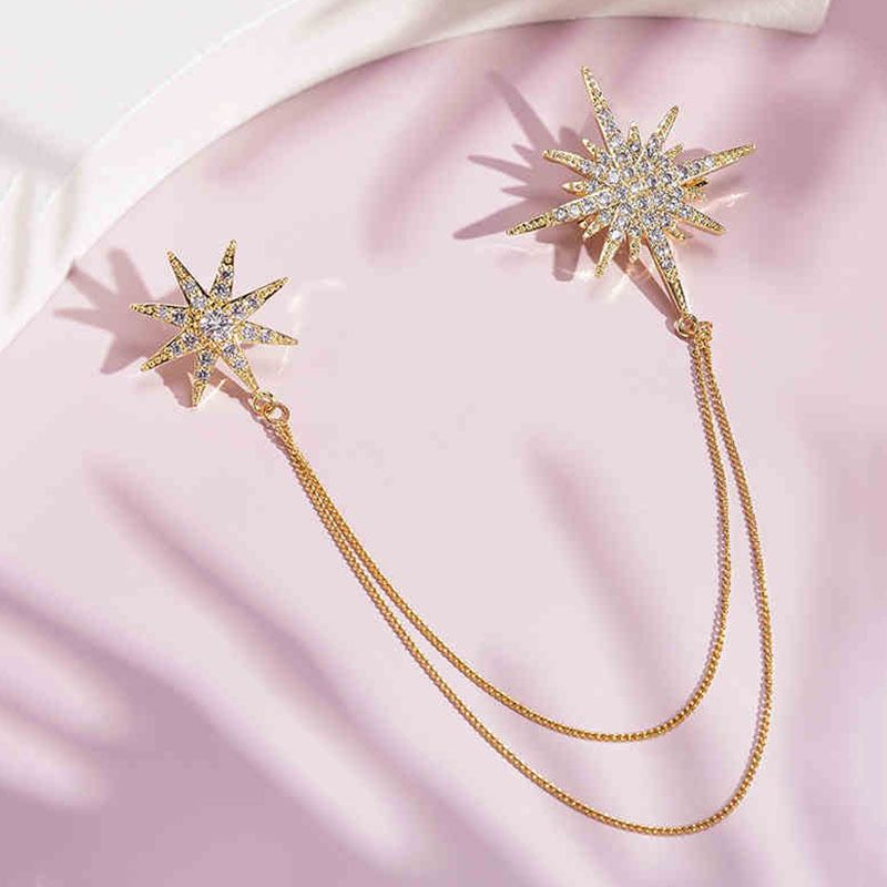 Asymmetric Star Chain Brooch - Rhinestone Double Star Pin with Layered Chains, Elegant Lapel Badge for Women Blazer Coat Dress, Gold Tone โ image 3
