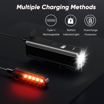 Ultra-Bright 1200 Lumen Bike Light Set with USB Rechargeable Headlight & Tail Light – IP65 Waterproof Cycling Lamp for Night Riding (Black) — image 5