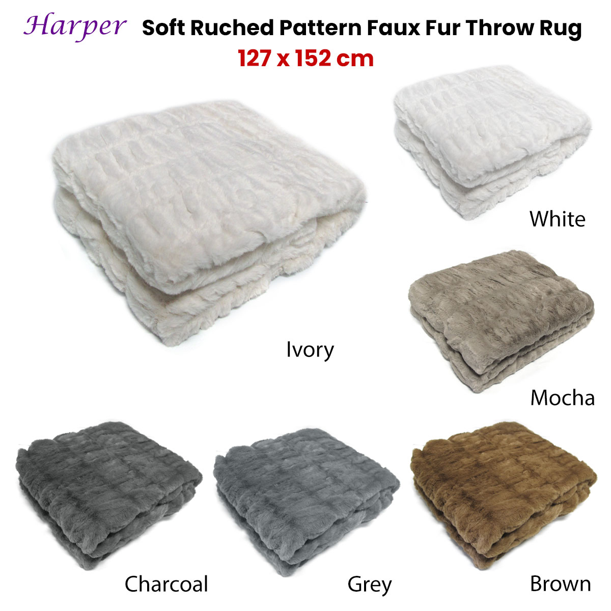 Harper Soft Ruched Pattern Faux Fur Throw Rug 127 x 152 cm Grey โ image 2