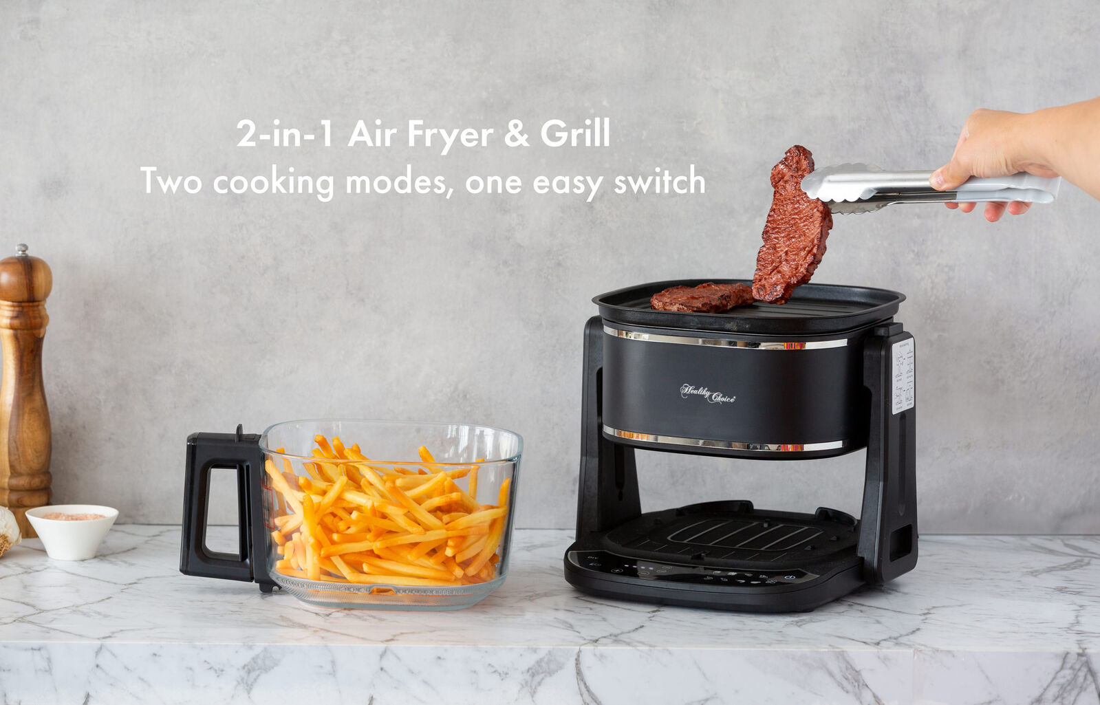 5L 2in1 Air Fryer and Grill, 1400W, Digital Touch Control, Clear Glass Cooking Basket β image 2
