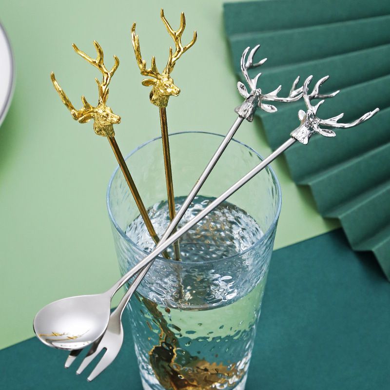 Stainless Steel Milu Deer Coffee Cake Spoon Fork Dessert Spoons Ice Cream Dessert Teaspoon Kitchen Gadgets Tableware