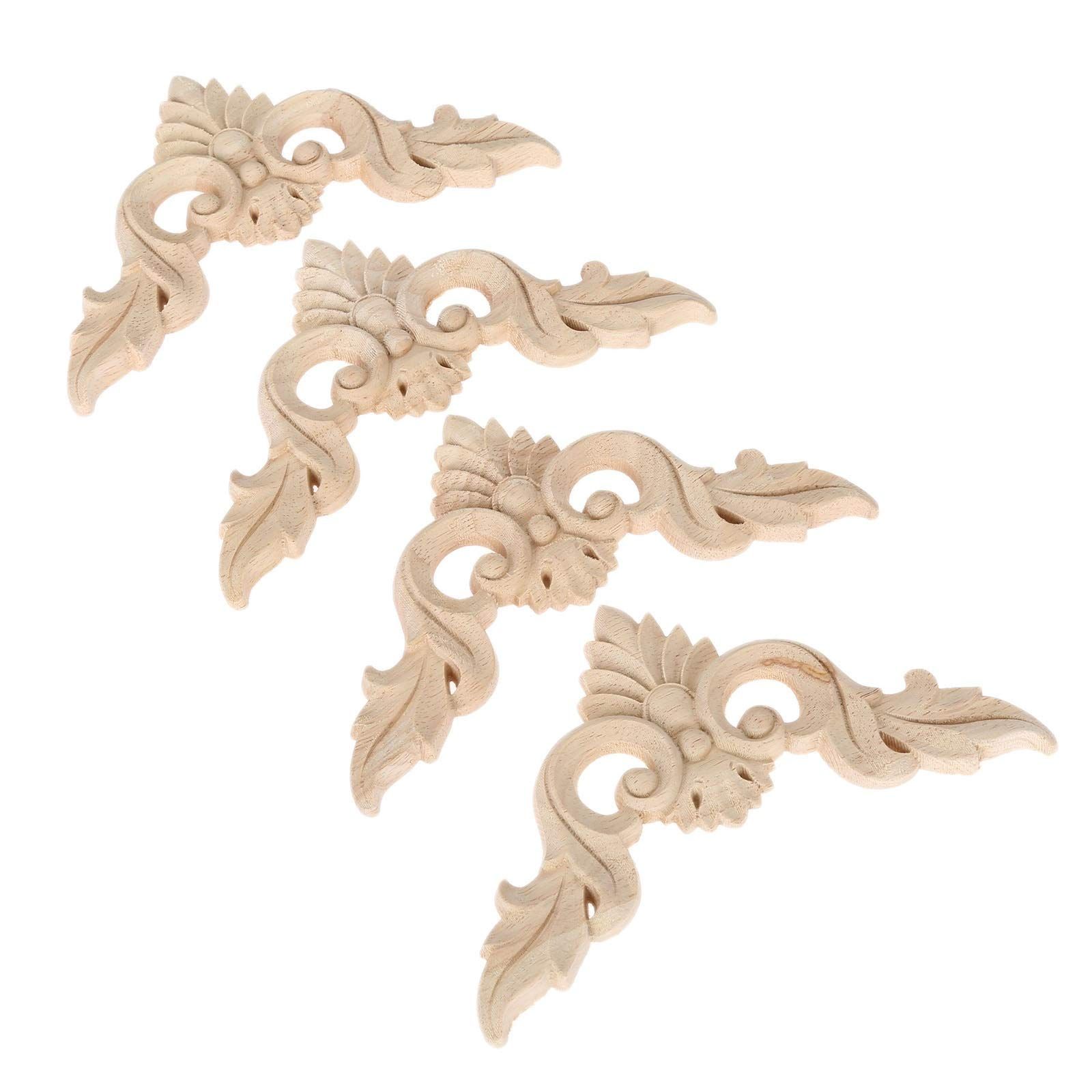 4pcs,Unpainted Wooden Carved Decal Corner Woodcarving Onlay Applique Flower Furniture Cabinet Box Doors Decoration