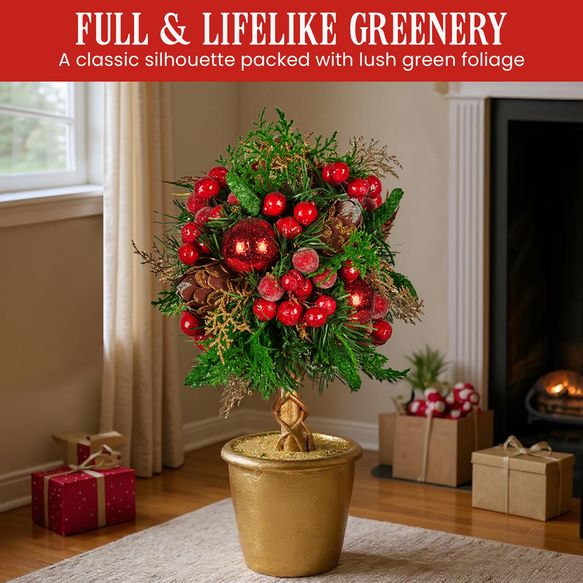 Christabelle 36cm Christmas Tabletop Topiary Tree Pre-Decorated Berries, Baubles & Pine Cones Gold Pot Twisted Stem Festive Decoration — image 6
