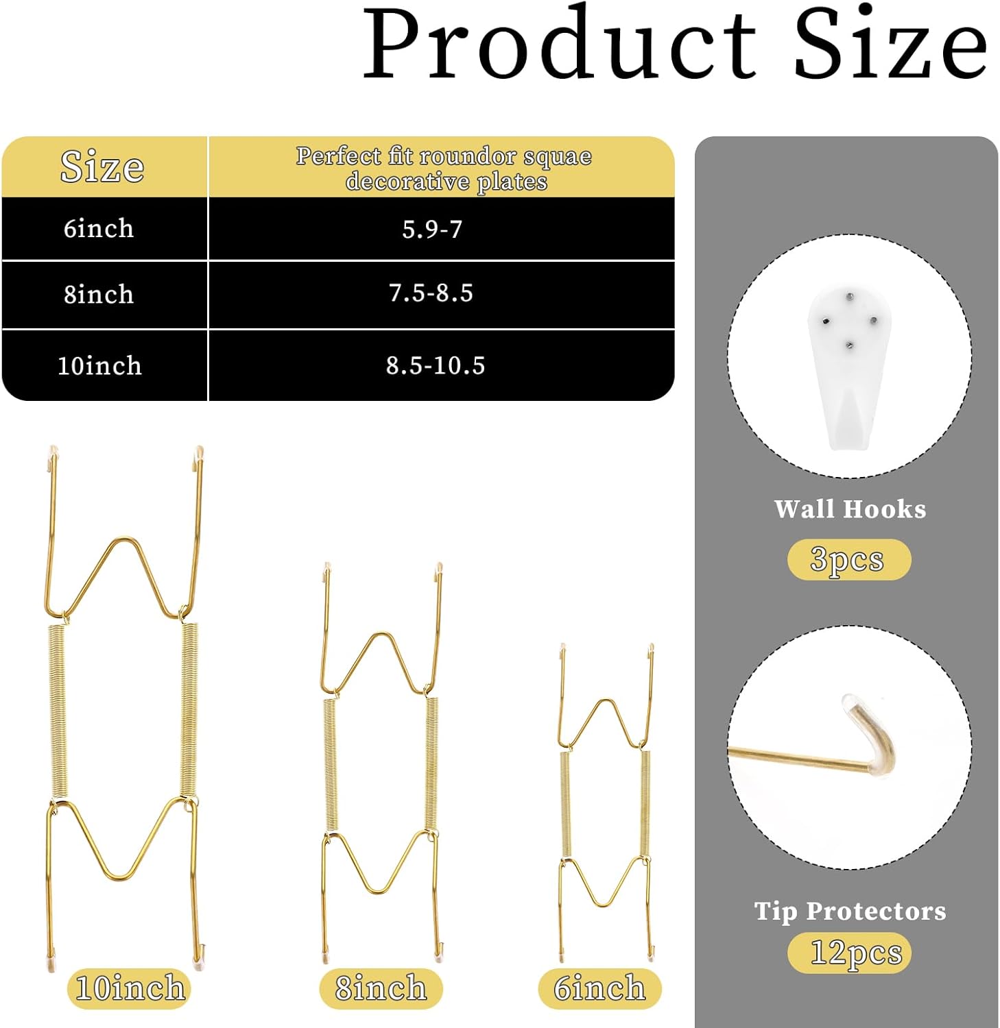 3pcs Plate Hanger for Wall, Stainless Steel 6 8 10 Inch Plate Hangers Invisible Decorative Wire Plate Holder with 3 Pack Wall Hooks and 15pcs Transparent — image 2