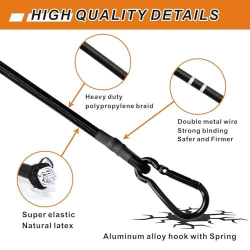 Bungee Cords with Carabiner Hooks Heavy Duty, Outdoor Black Bungee Straps, Strong Industrial Grade Elastic Bungee Rope for Securing Tarps, Luggage — image 6