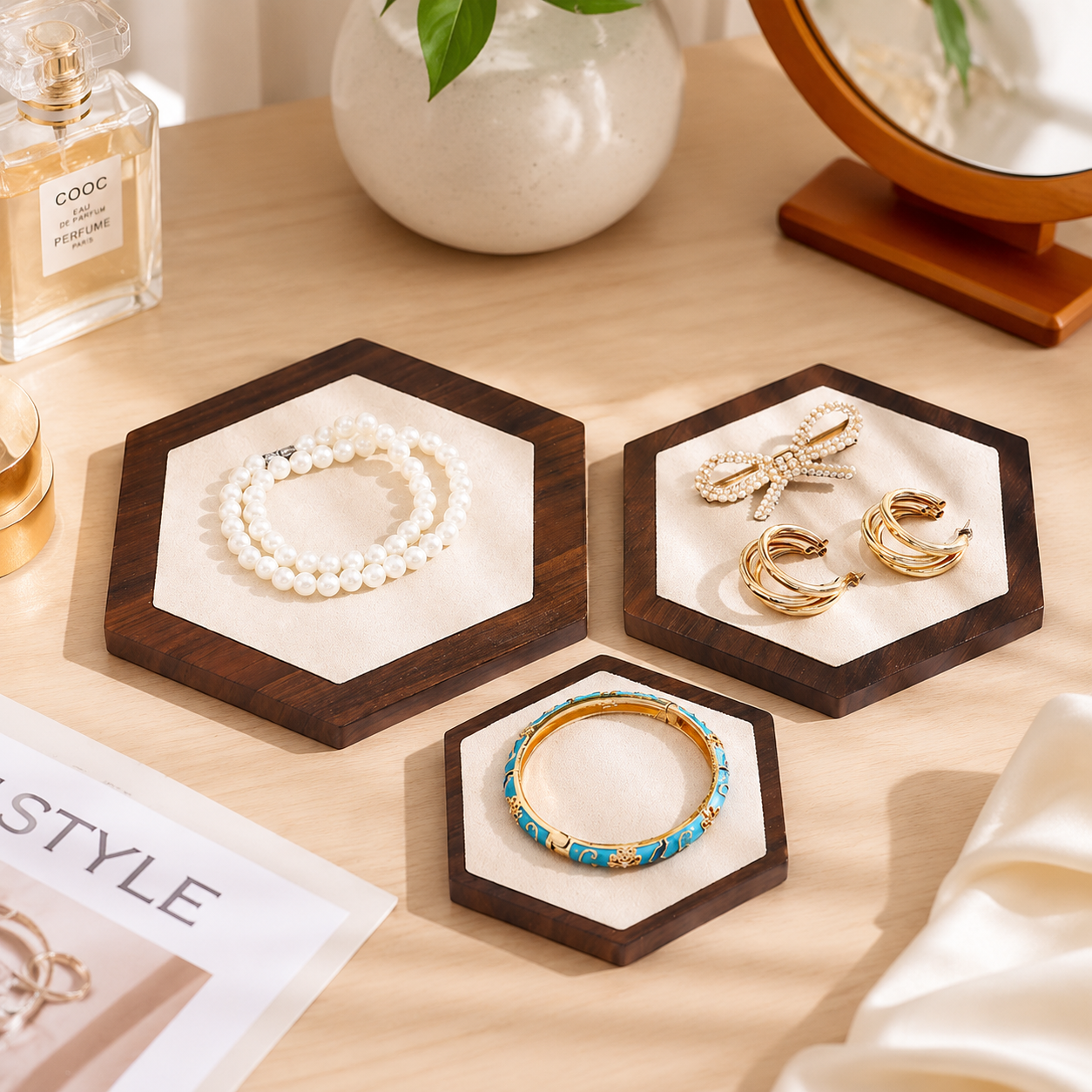 Wooden Jewelry Display Set of 3, Jewelry Storage Tray & Display Stand, Photography Background Prop for Earrings Necklaces Bracelets β image 4