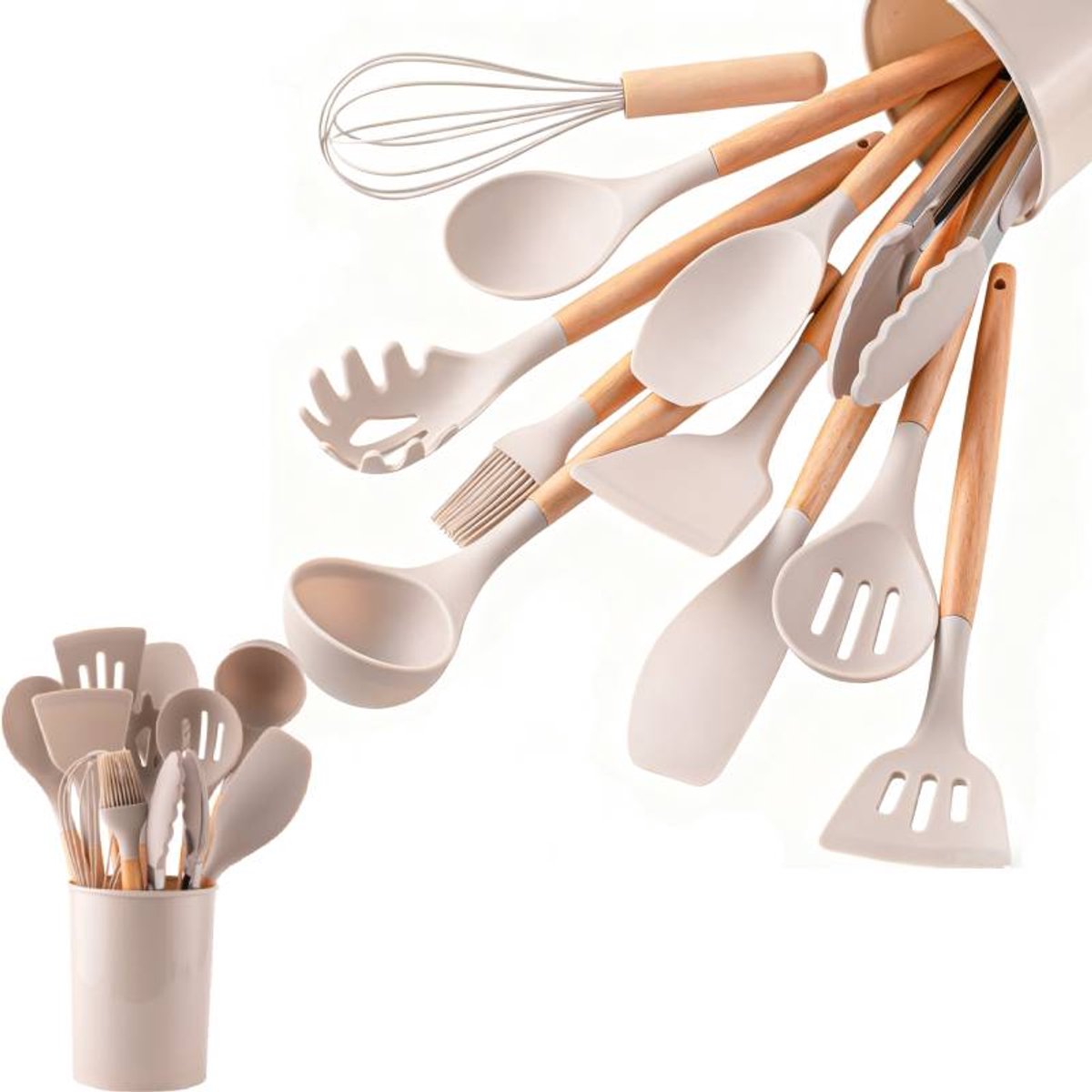 Set of 12 Silicone Kitchen Utensils with Wooden Handle - Storage Bucket - Non-Stick Pan & Kitchen Utensils - Cooking Spatula and Spoon Set