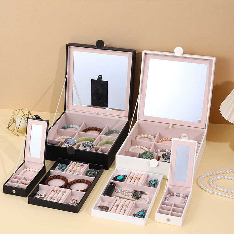 White Luxury Quilted Jewelry Storage Box with Mirror and Multi-Layer Compartments — image 4