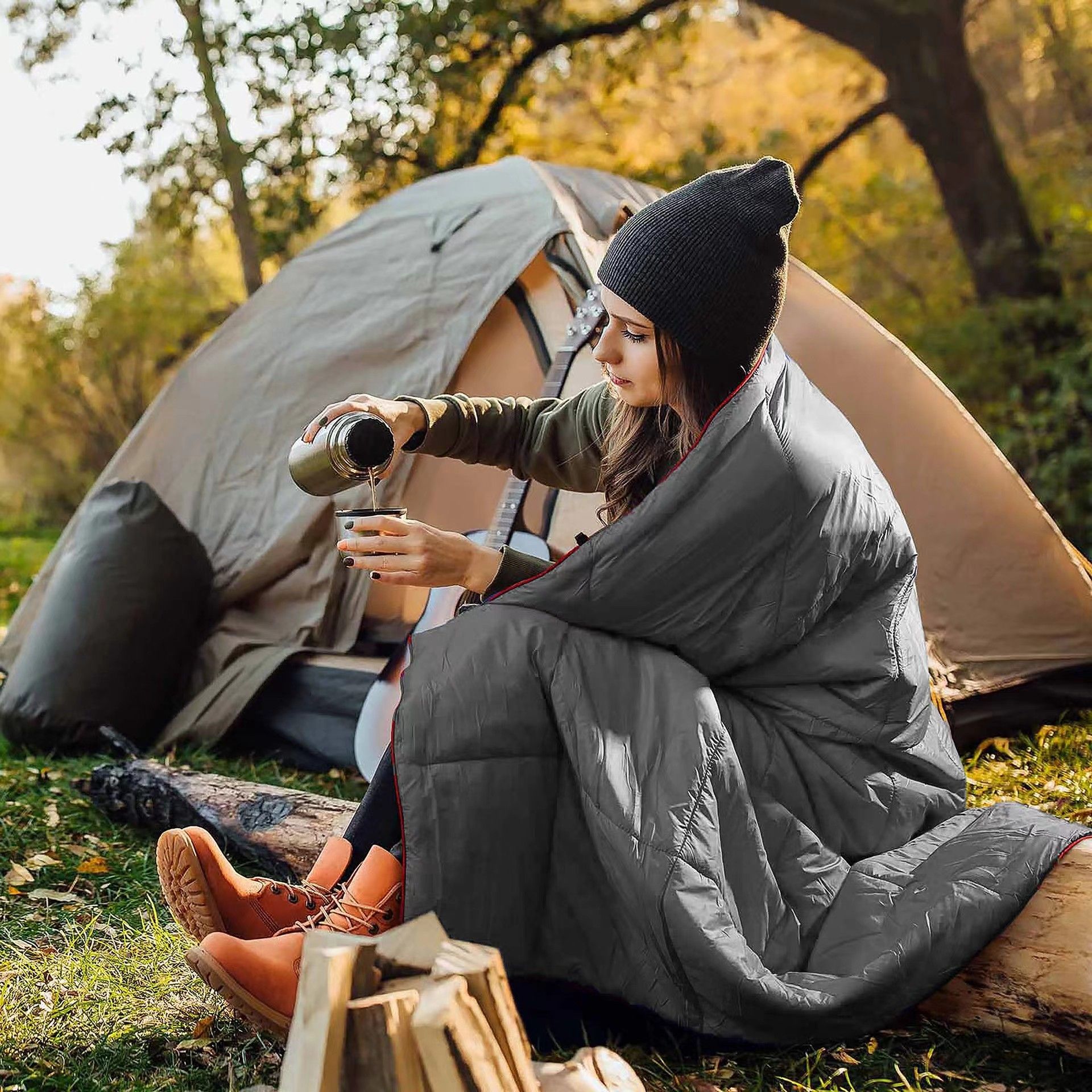 200x140cm Grey Large Outdoor Camping Imitation Silk Cotton Wearable Warmth Blanket, Quilted Poncho Shawl Throw with Storage Bag, Lightweight Warm Camping Quilt — image 2