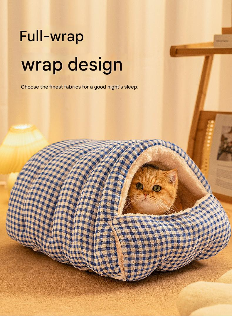 S size Orange Plaid Cat Cave Bed Winter Warm Enclosed Pet House Cozy Cat Sleeping Bag Semi-Enclosed Cat Nest Small Dog Bed PP Cotton Filling Washable Pet — image 4