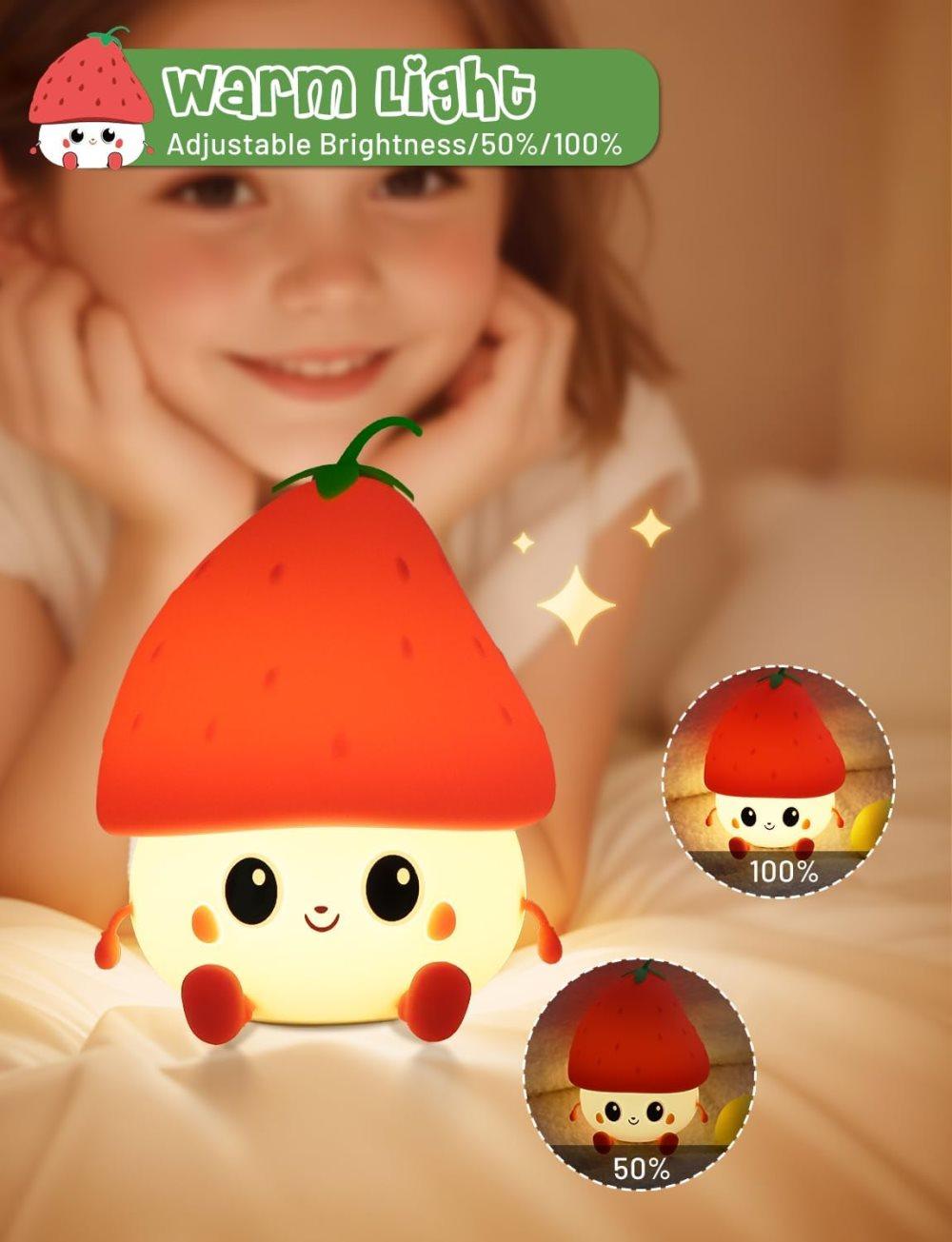 Strawberry LED Night Light USB Rechargeable Dimmable for Kids Baby Girls, Red, Silicone — image 2