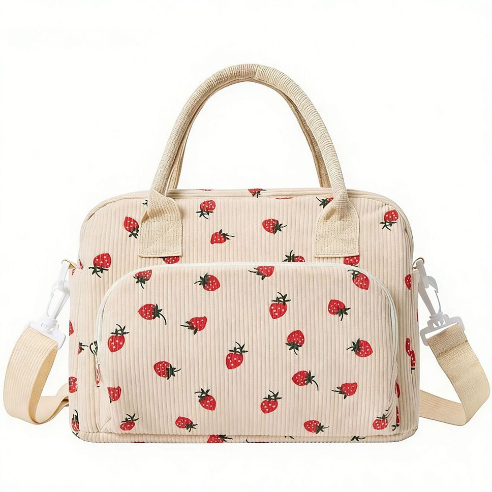 Strawberry Print Soft Corduroy Insulated Lunch Bag for Women and Students - Large Capacity Thermal Lunch Tote with Shoulder Strap, Front Zip Pocket and Side