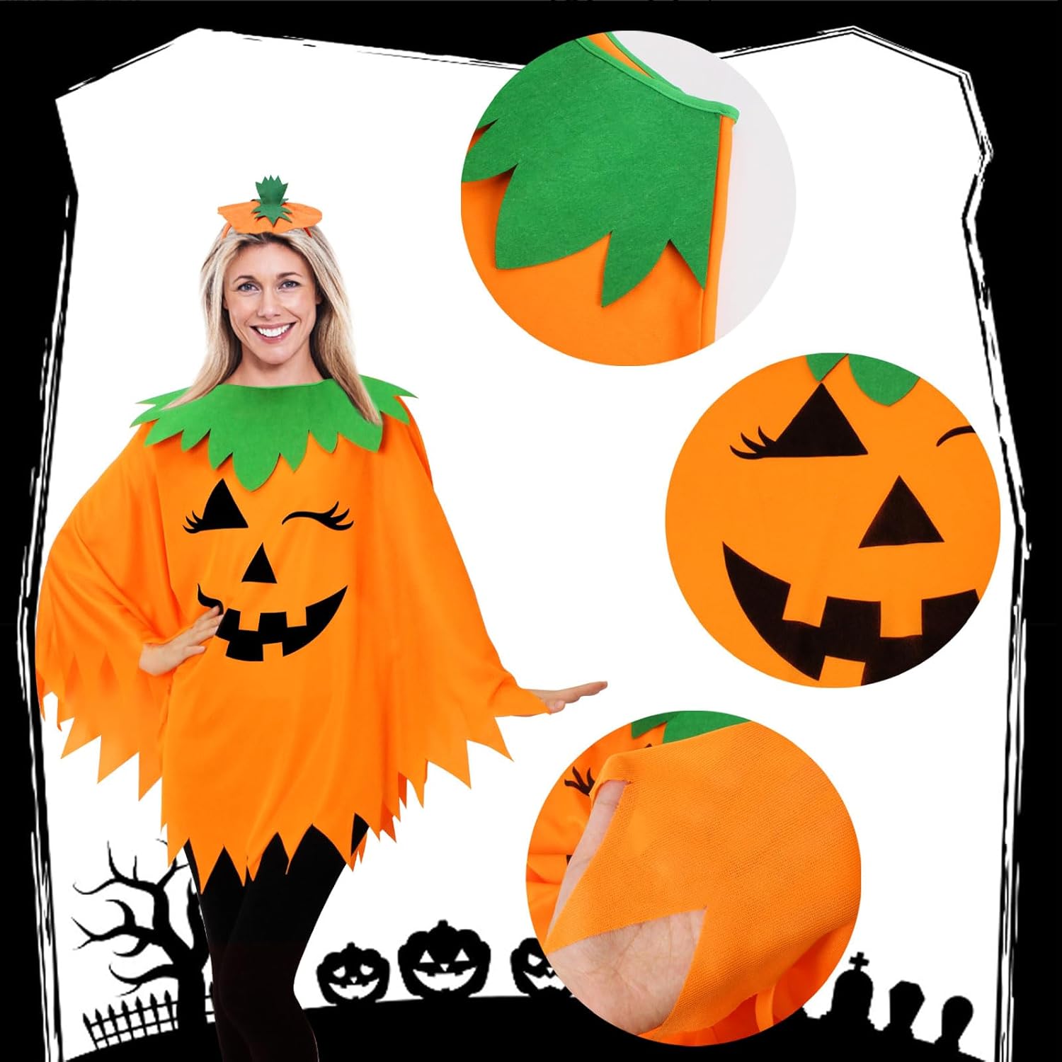 3PCS Halloween Pumpkin Costume for Women,Pumpkin Poncho for Adults with Headband & Bag,Halloween Costume for Women — image 5