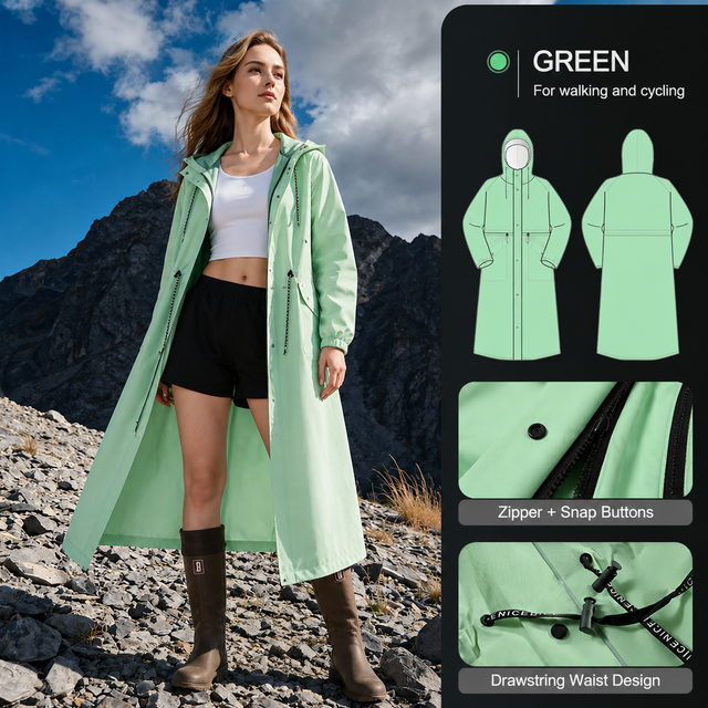 Green Full-Cover Hooded EVA Raincoat, Long Trench Coat Waterproof Windproof Rain Poncho with Adjustable Waist & Collar Drawstring, Extended Clear Brim and