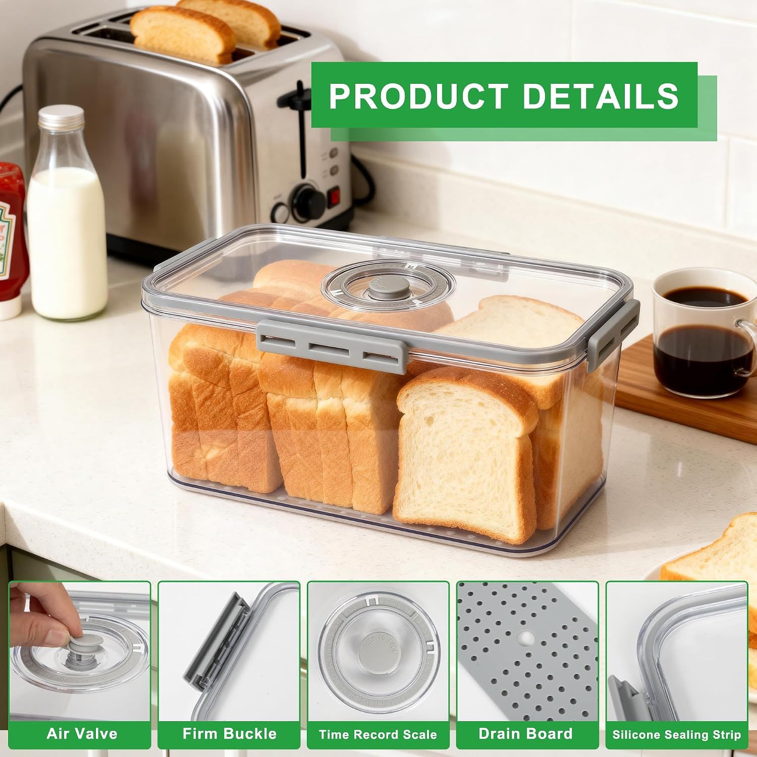 Clear Airtight Bread Storage Box, Kitchen Countertop Bread Keeper for Loaves, Bagels, Cookies and Homemade Baked Goods, Dishwasher Safe — image 3