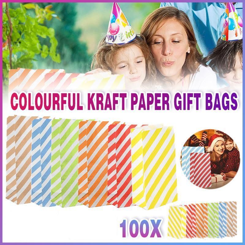 100X Colourful Plaid Kraft Paper Bag Candy Cookie Snack Cake Gift Bags 9X6X18cm - Orange โ image 2