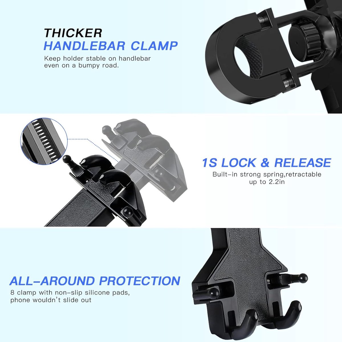 Motorcycle phone mount - Bicycle phone mount - Heavy-duty clamp for motorcycle handlebars - One-handed operation - Scooter phone mount - For phones from 4.7" — image 2