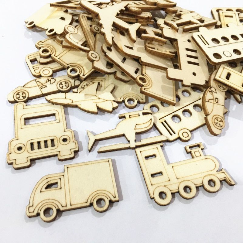 Natural Wood Slices 30pcs Laser Cut Wood Embellishment Wooden Transportation Truck Car Helicopter Shape Craft