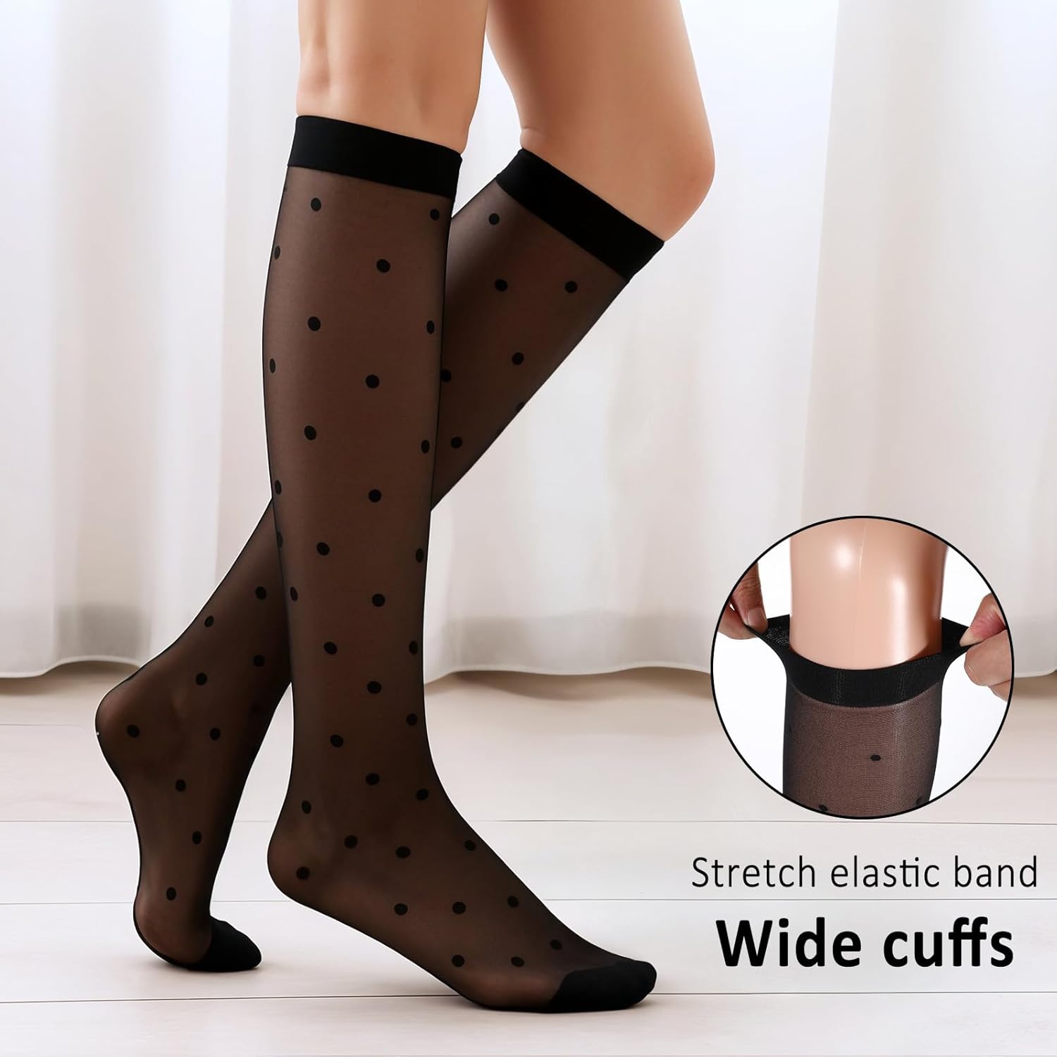 3 Pairs Women's Sheer Knee High Stockings, Black Dot Sheer Thin Socks, Stretchy Breathable Knee High Socks โ image 5