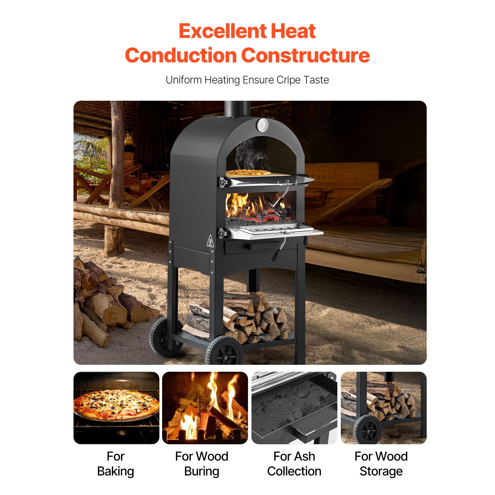 Outdoor Pizza Oven, 12" Pellet Fire Ovens, 2-Layer Pizza Oven Wood Fired, Wood Burning Outdoor Pizza-Oven with 2 Removable Wheels, 1000℉ Max Temperature Fired — image 3