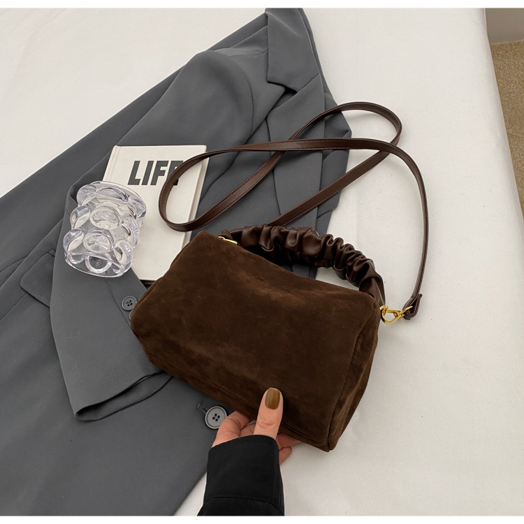 Brown Chic Ruched Handle Crossbody Bag - Womens Faux Suede Top Handle Handbag with Detachable Strap โ image 6