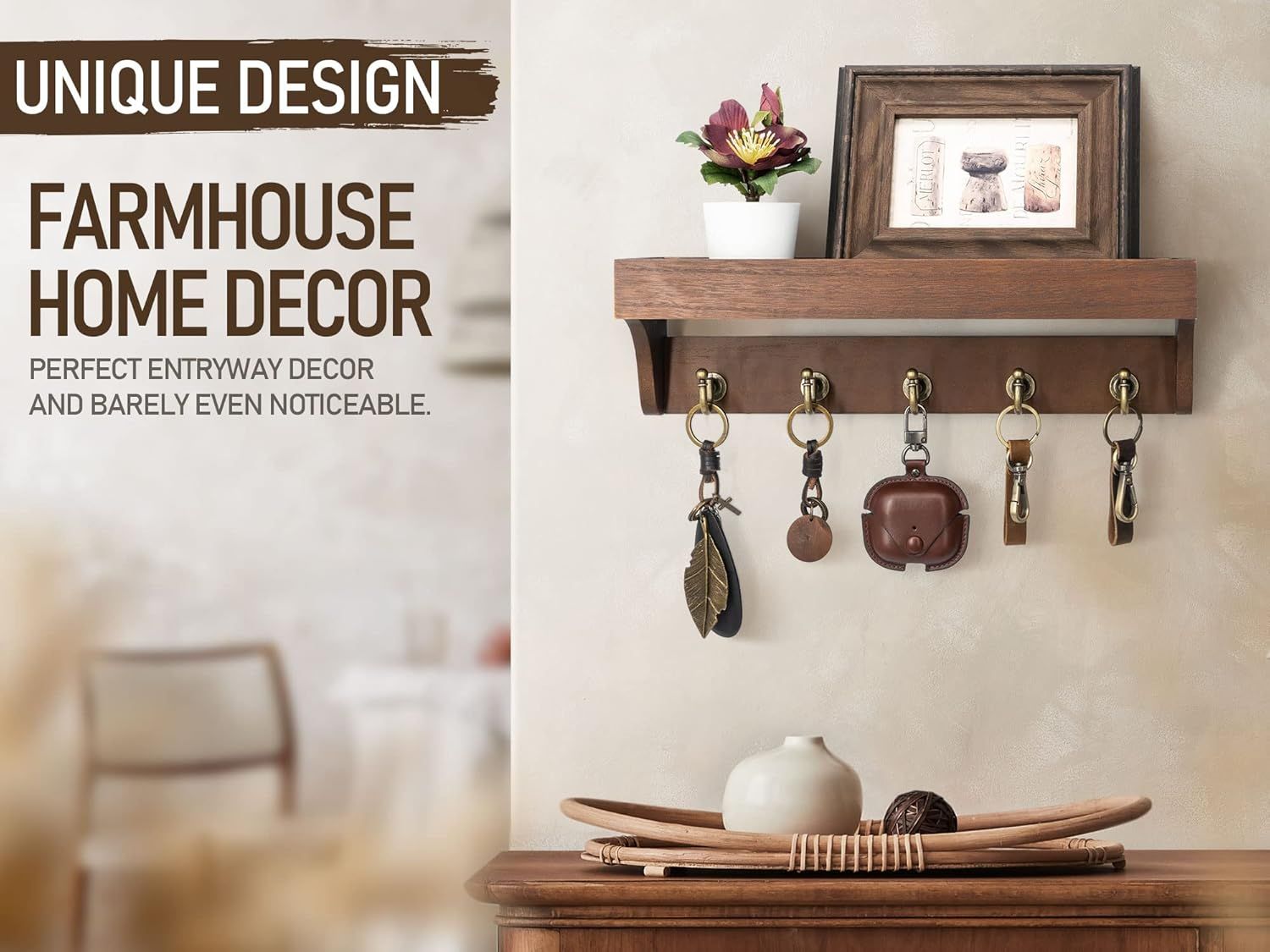 Wood Wall Key Holder with 5 Hooks and Shelf Brown, 35.6 cm โ image 3