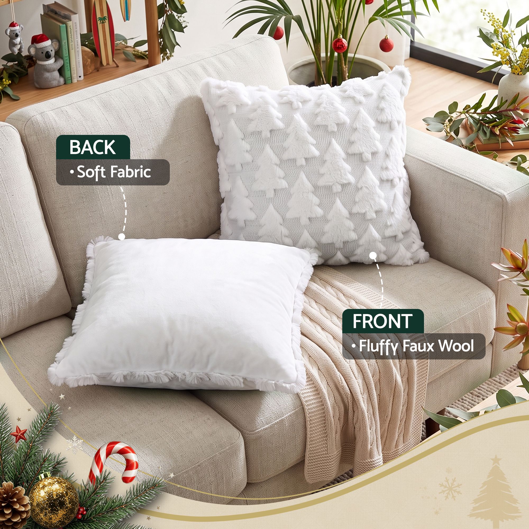 Jingle Jollys Christmas Tree Pillow Covers 2 Packs Cushion Covers Soft Faux Fur Jacquard Throw Pillow Covers 45 x 45cm White β image 6