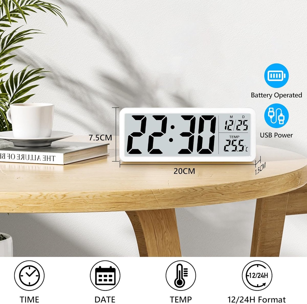 Battery-operated digital wall clock with large numbers, temperature display, 12/24 hour format for office, living room, bedroom, school — image 5
