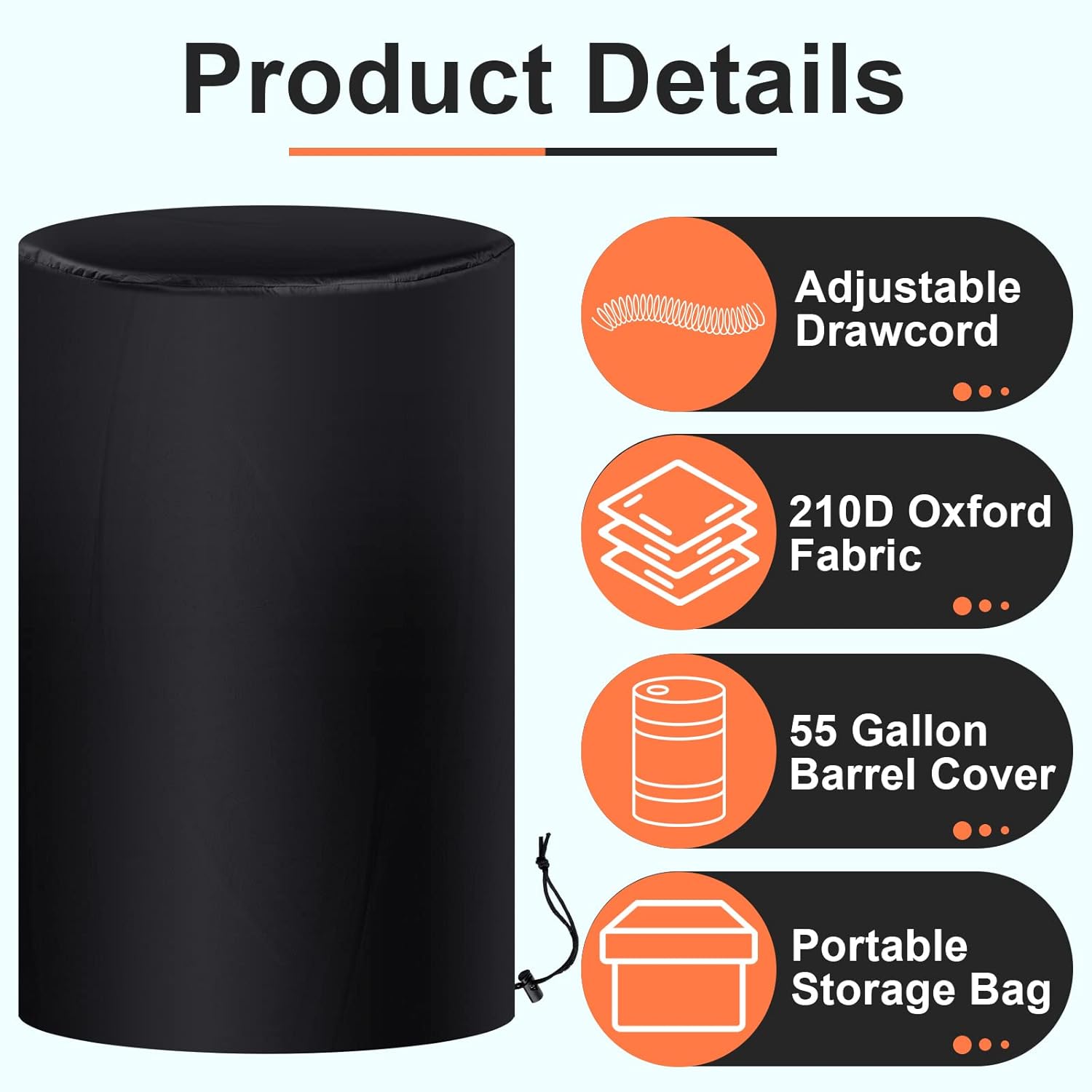 55 Gallon Drum Cover, 210D Oxford Cloth Water Storage Barrel Cover, 25 x 37 Inch Outdoor Waterproof Rain Snow Bucket lid with Drawstring, UV Protection, Anti โ image 3