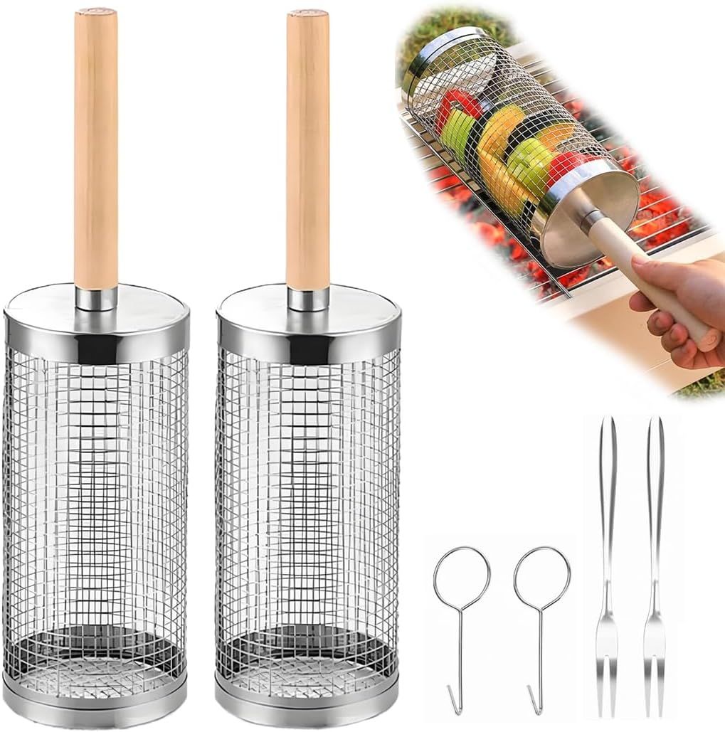 304 Stainless Steel Rolling Grill Basket Set with Removable Handle for Vegetables, Shrimp and Outdoor BBQ, Nesting Design, Silver