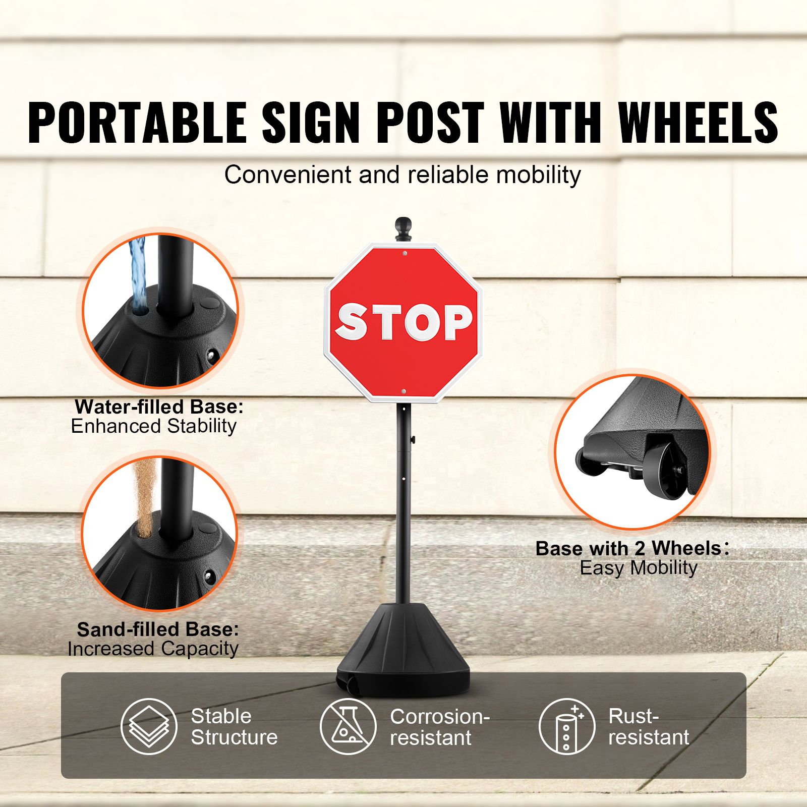 Portable Sign Post, 5 ft Cast Iron Sign Post Holder with Hard Plastic Base & Wheels, Movable Parking Sign Stand for No Parking Street Signs, Handicap Parking โ image 2