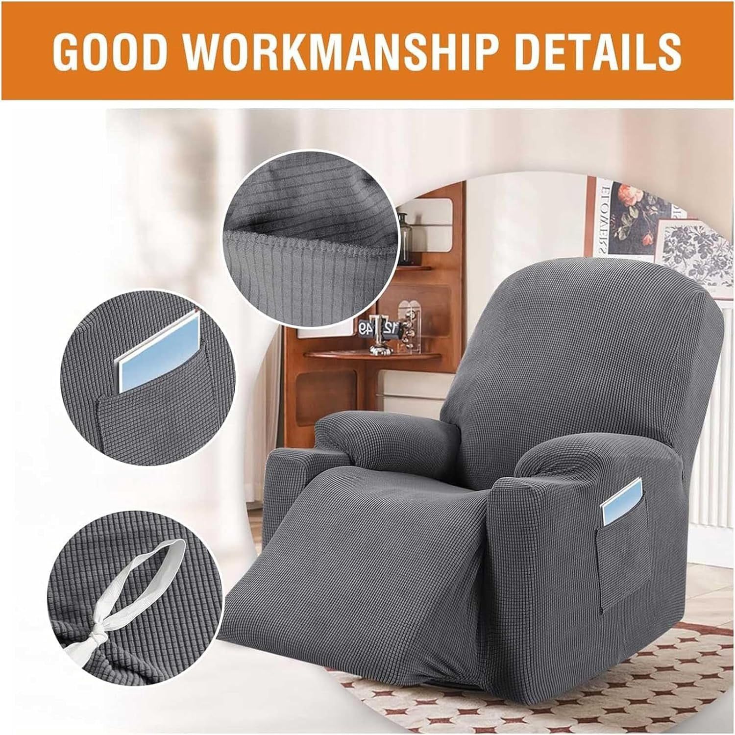 Recliner Slipcover with Side Pocket, High Stretch Soft Jacquard Fitted Cover for Standard Power Lift Recliner, Gray, Letter D Option — image 4