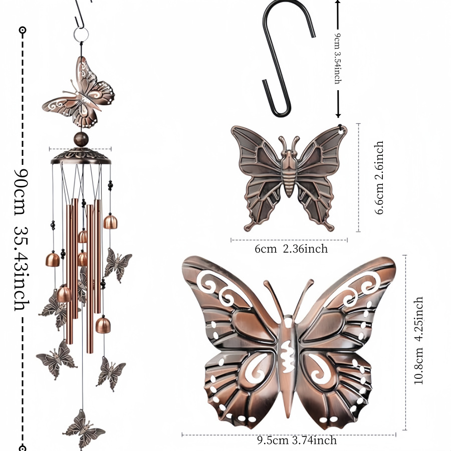 90cm Large Creative Butterfly Vintage Metal Tube Wind Chimes - Handcrafted Musical Hanging Decor for Garden and Home with Hanging Hook — image 2