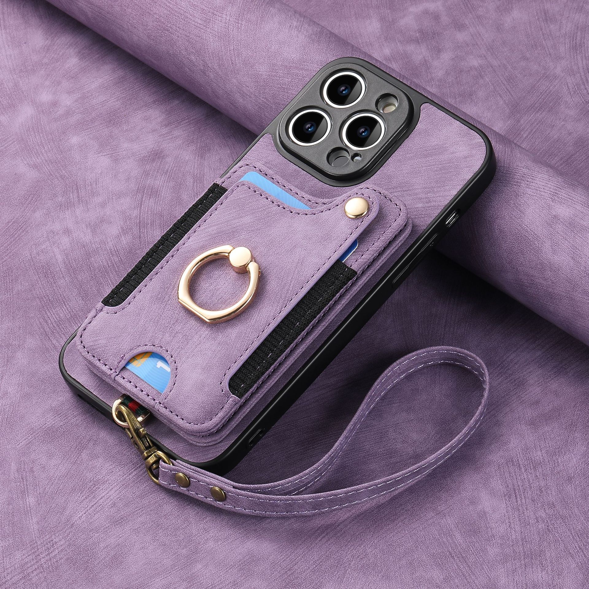 Suitable for iPhone mobile phone leather case RFID anti-theft brush ring buckle lanyard multifunctional card case Light Purple [With Leather Strap] Light
