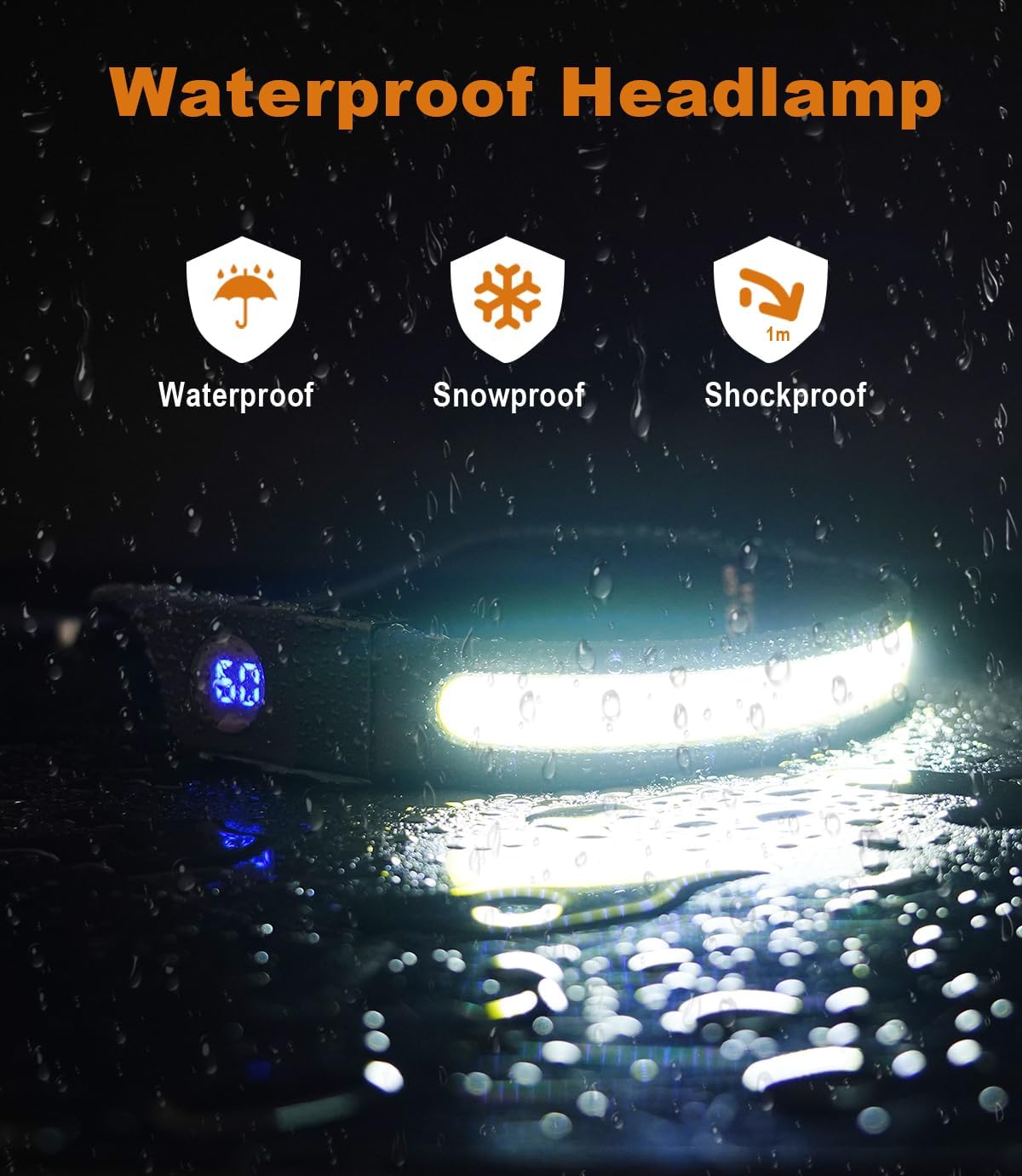 Rechargeable LED Headlamp with 230 Degree Wide Beam, 500 Lumens, Digital Battery Display and Adjustable Strap, Black and Yellow — image 5