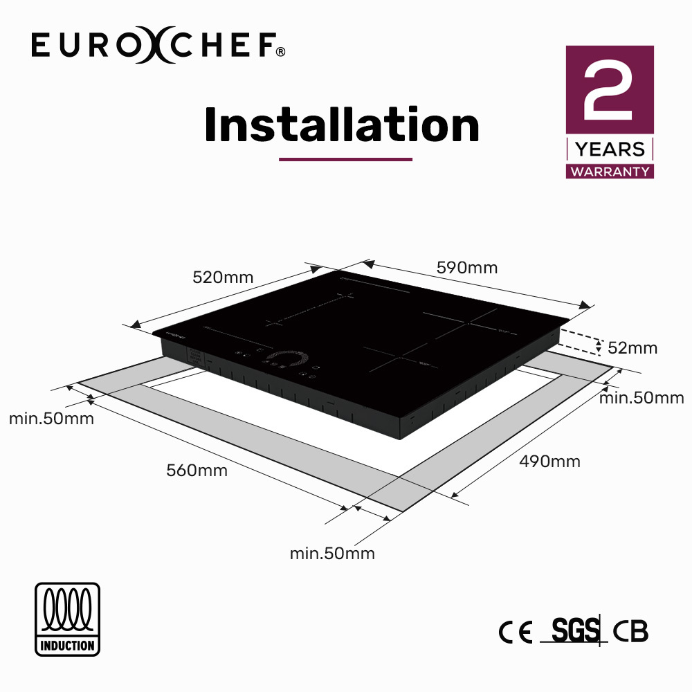 EUROCHEF 60cm 4 Zone Induction Cooktop, 7200W Electric, FlexZone Function, Touch Controls — image 2