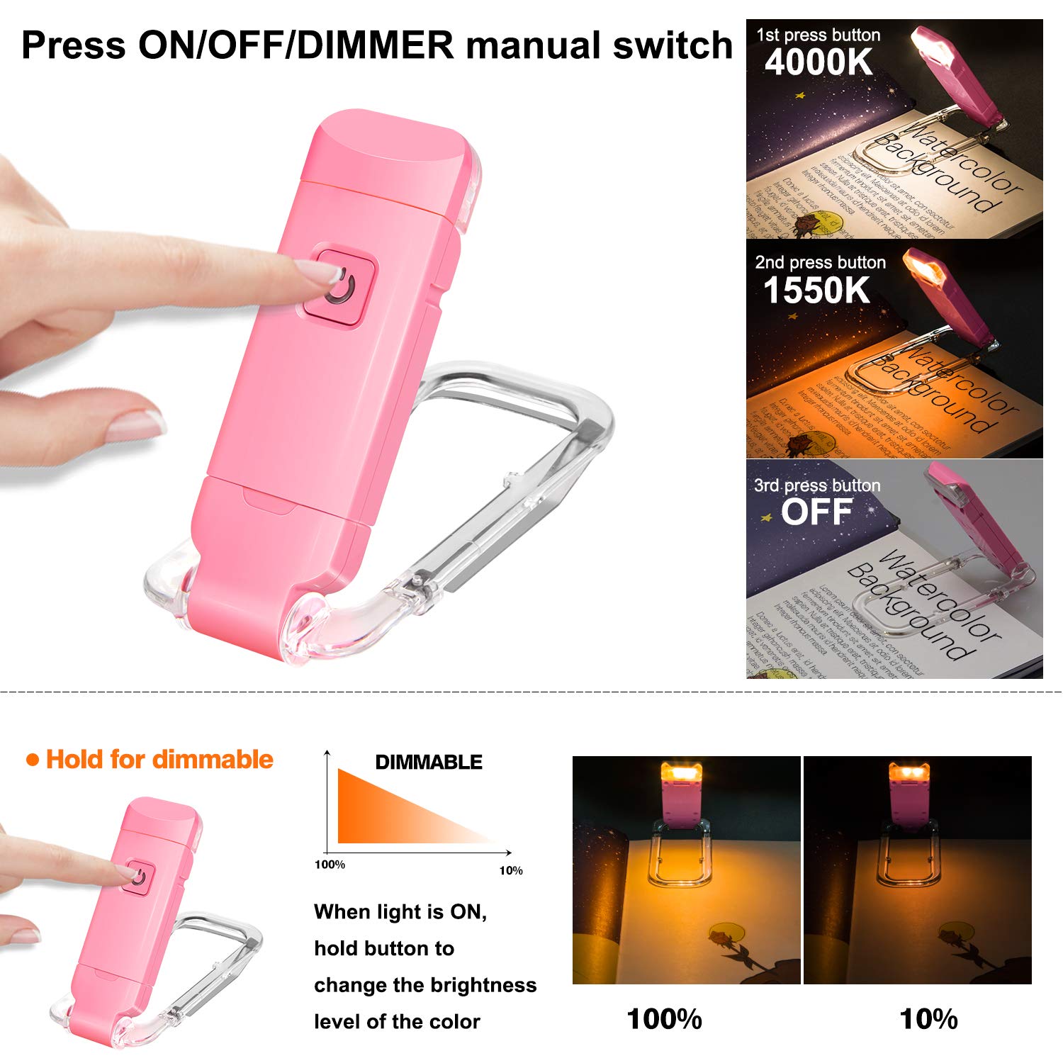Rechargeable LED Book Light with Dimmable Warm White & Amber Modes – USB-Powered Clip-On Reading Lamp for Books, Sheet Music & Travel (Pink) — image 3