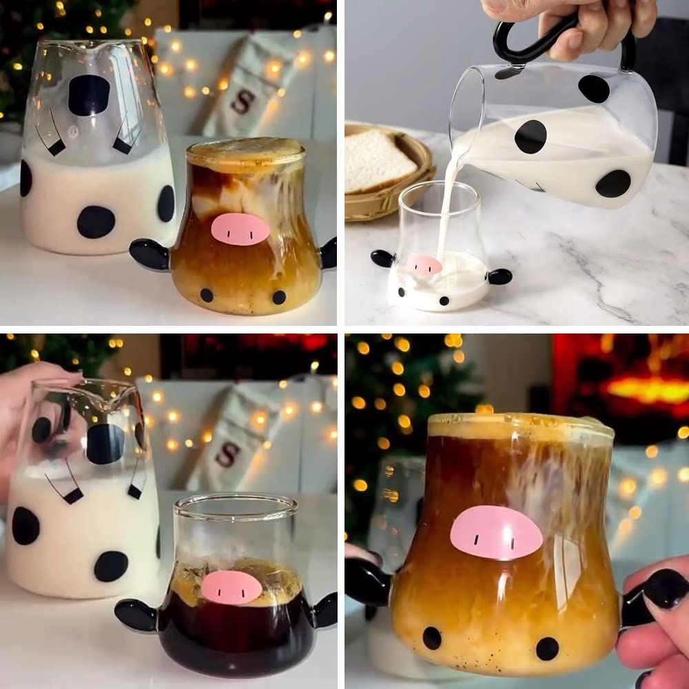Bedside Water Carafe and Glass Set, Bedside Night Carafe Pitcher and Water Glass Tumbler Set, Cute Cartoon Cow Glass Water Pitcher — image 4