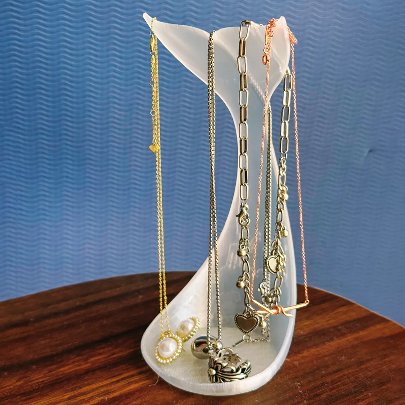 3D printed fishtail jewelry stand, single piece, white silk — image 2