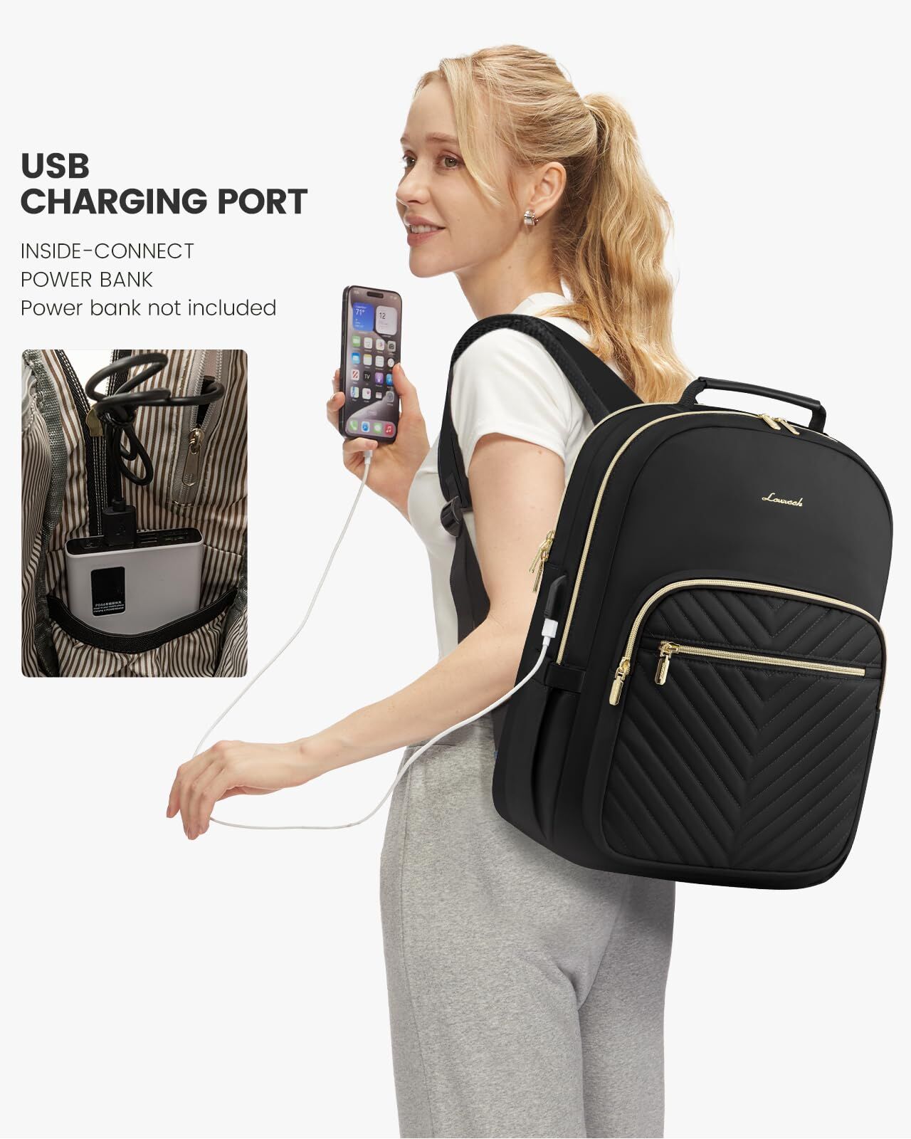 Stylish Laptop Backpack for Women – Large Capacity 27L Computer Bag with 15.6 Inch Compartment, USB Charging Port & 16 Pockets – Ideal for College, Work & — image 5