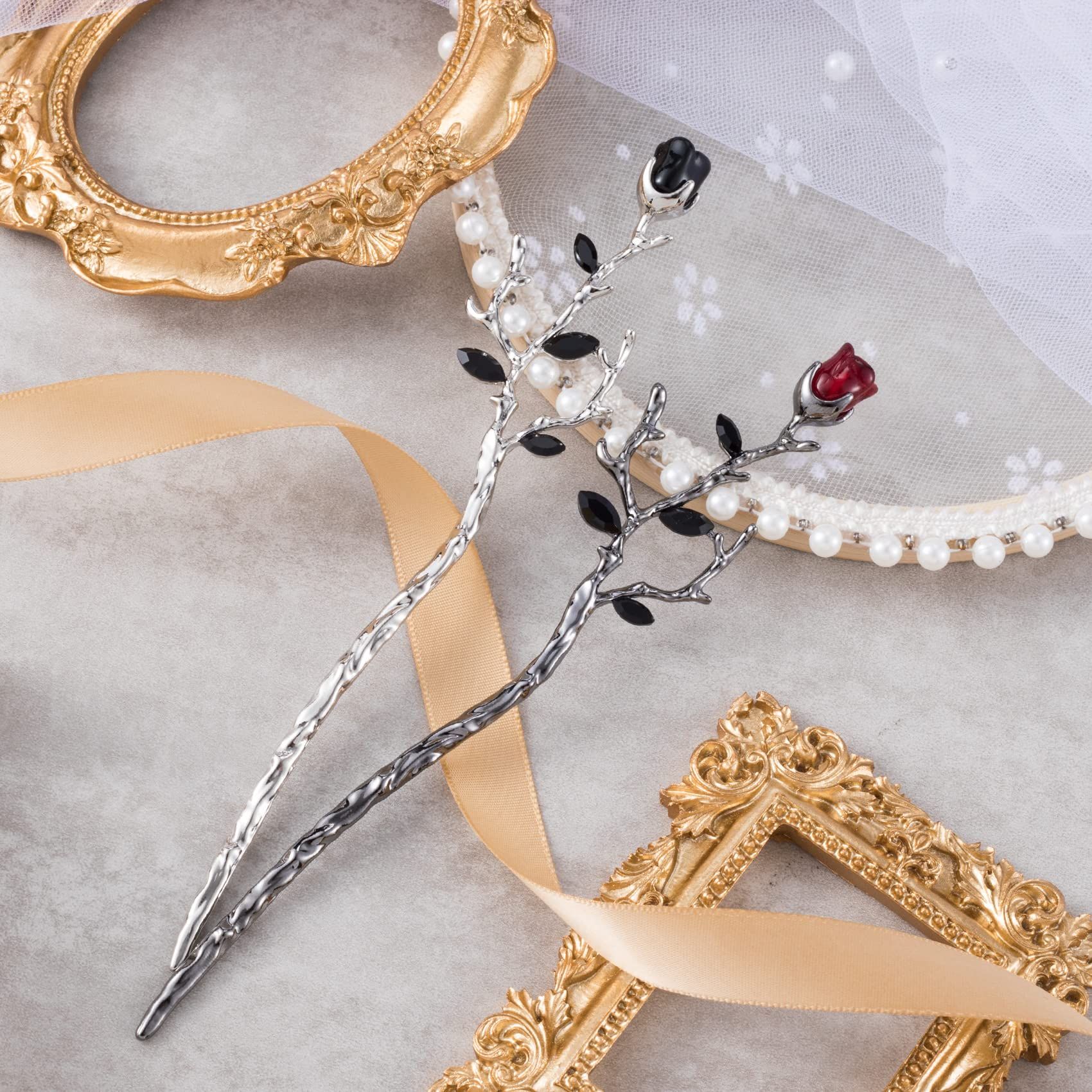 2pcs Rose Hair Sticks for Bun Black Silver Vintage Hair Chopsticks Metal Flower Chinese Hair Pins Wedding Prom Halloween — image 4